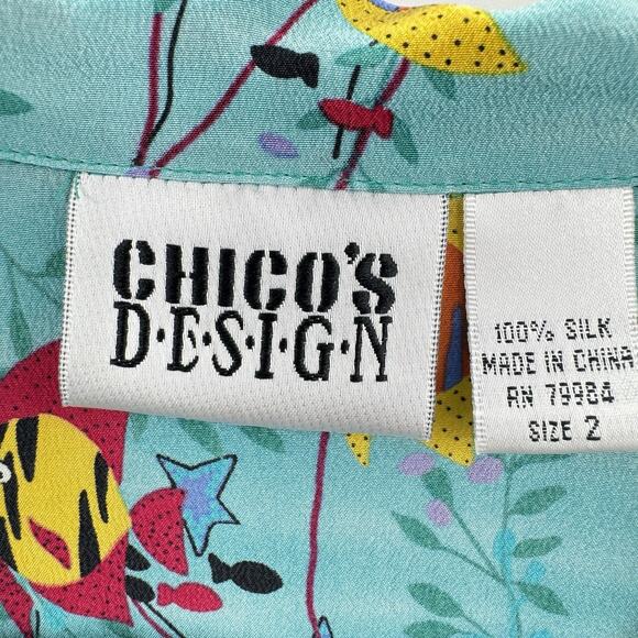 Vintage Chico's 100% Silk Tropical Button Up Shirt Large Blue Fish Hawaiian Fun - Picture 5 of 9